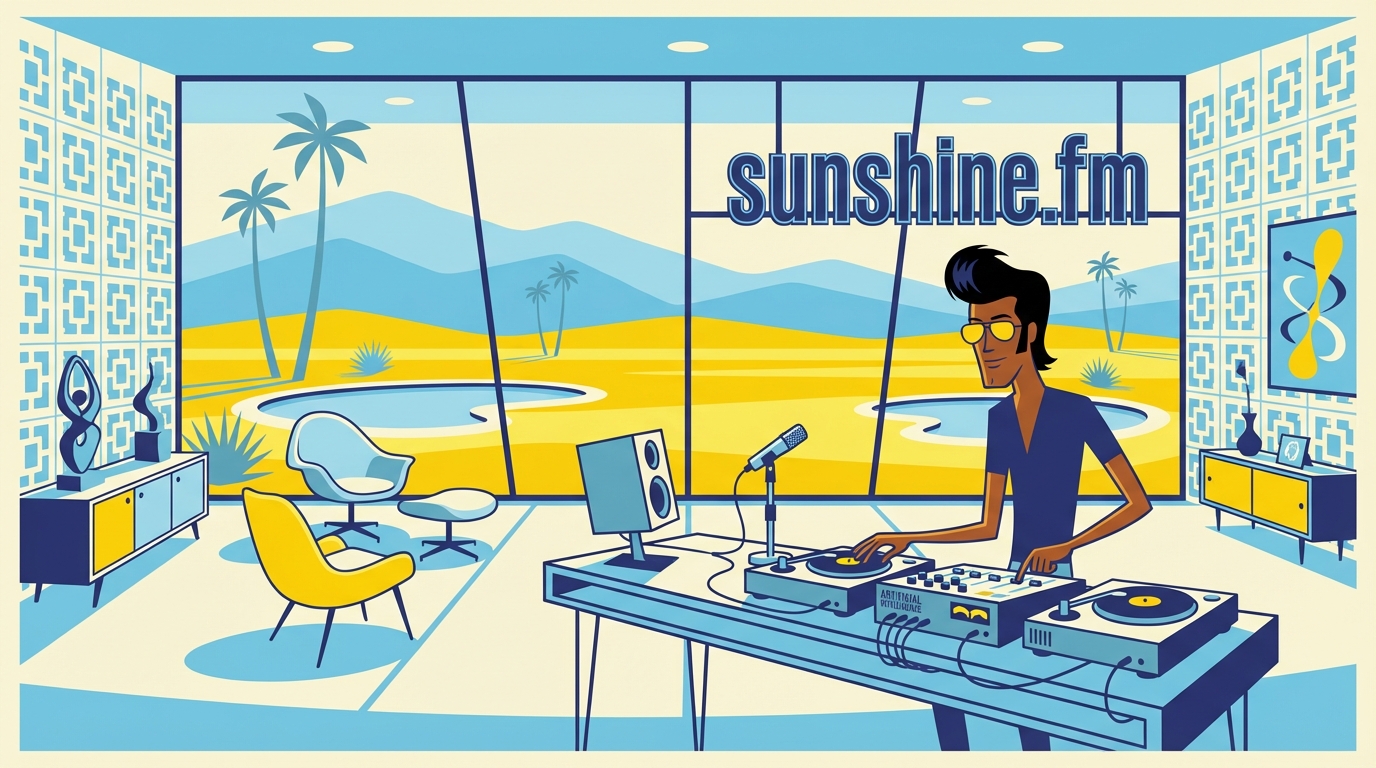 Sat Singh at the SunshineFM studio — mid-century Palm Springs